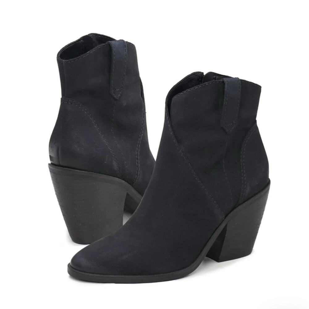 Lucky Brand Womens Loxona Black Leather Side Zip Bootie Ankle Boots Shoes